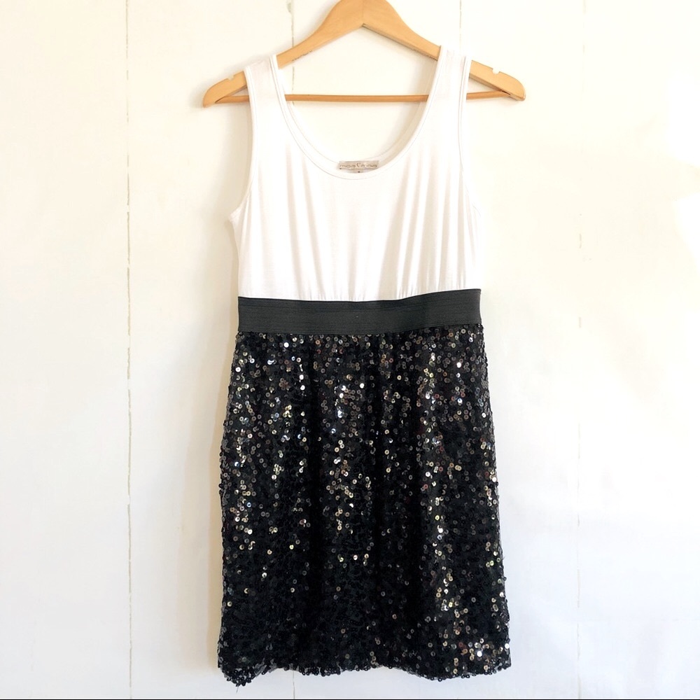 Moa Moa White Knit Black Sequins Party Dress